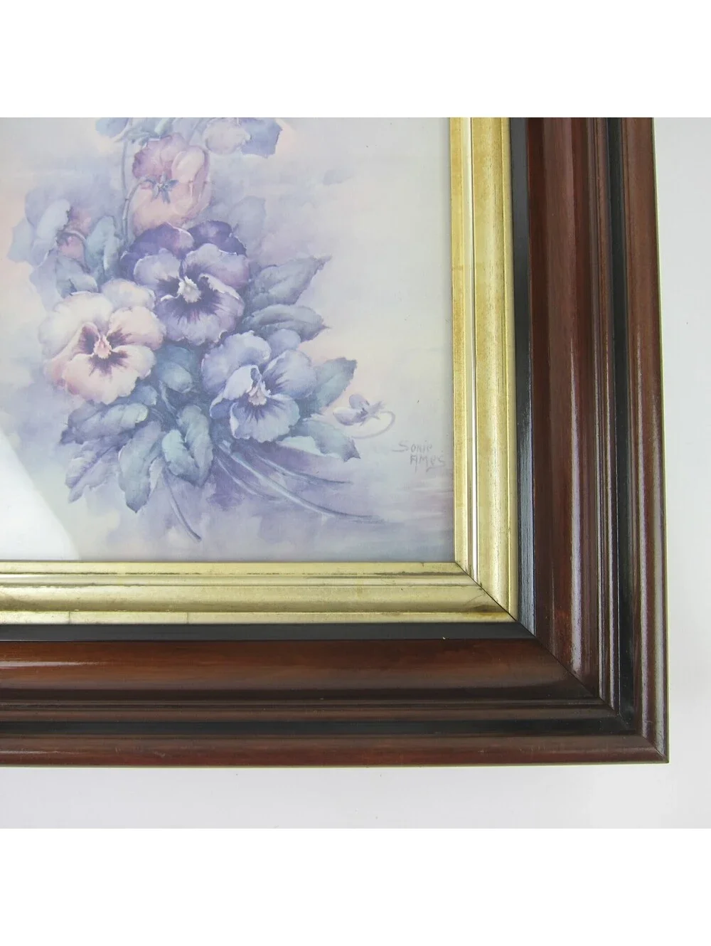 Antique Victorian Deep Picture Frame Wood Gold Gilt Sonie Ames Flower Print